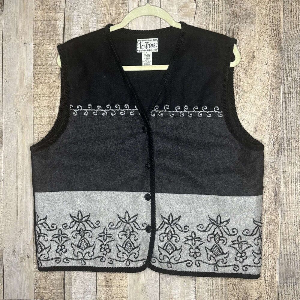 Tantrums Vintage Embroidered Wool Vest Black Gray Patchwork Womens Size Large